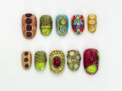 Luxury Gemstone-Inspired Press On Nails | Handcrafted Gemstone and Gold Accent Nail Art | Ruby and Gold Details | Handmade Design | JB641HC