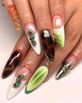 Handcrafted Olives Press On Nails Long Almond Nails, Dreamy Floral Press-Ons, Handmade Acrylic Autumn Fake Nail, Holiday Nails, Brown Nails.