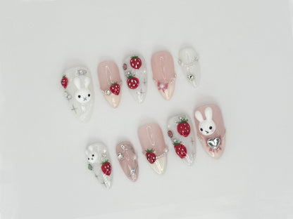 Kawaii Bunny & Strawberry Press On Nails - 3D Handmade Cute Nail Art - Y2K Aesthetic - JC664DC