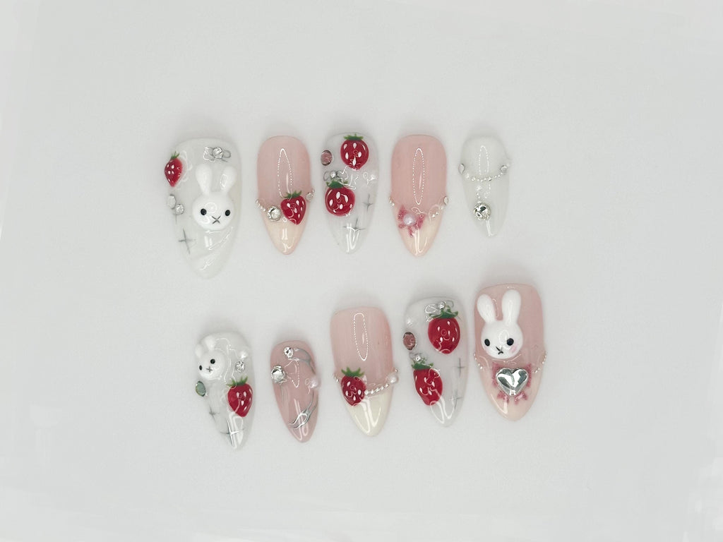 Kawaii Bunny & Strawberry Press On Nails - 3D Handmade Cute Nail Art - Y2K Aesthetic - JC664DC