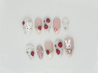 Kawaii Bunny & Strawberry Press On Nails - 3D Handmade Cute Nail Art - Y2K Aesthetic - JC664DC