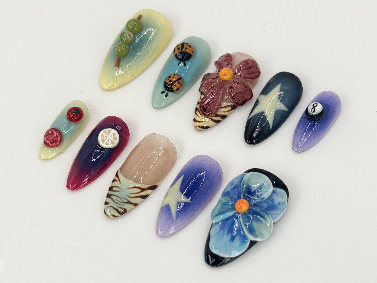 Whimsical Nature Mix Press On Nails | Durable and Stylish False Nails | Vegan and Cruelty-Free Nail Set | Unique Nail Art | JB526HK