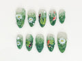 Nature Koi Fish Press On Nails | Realistic Pond & Fish Nail Design | Natural Landscape Nail Art | Custom Hand-Painted Green Nails | JB669HC
