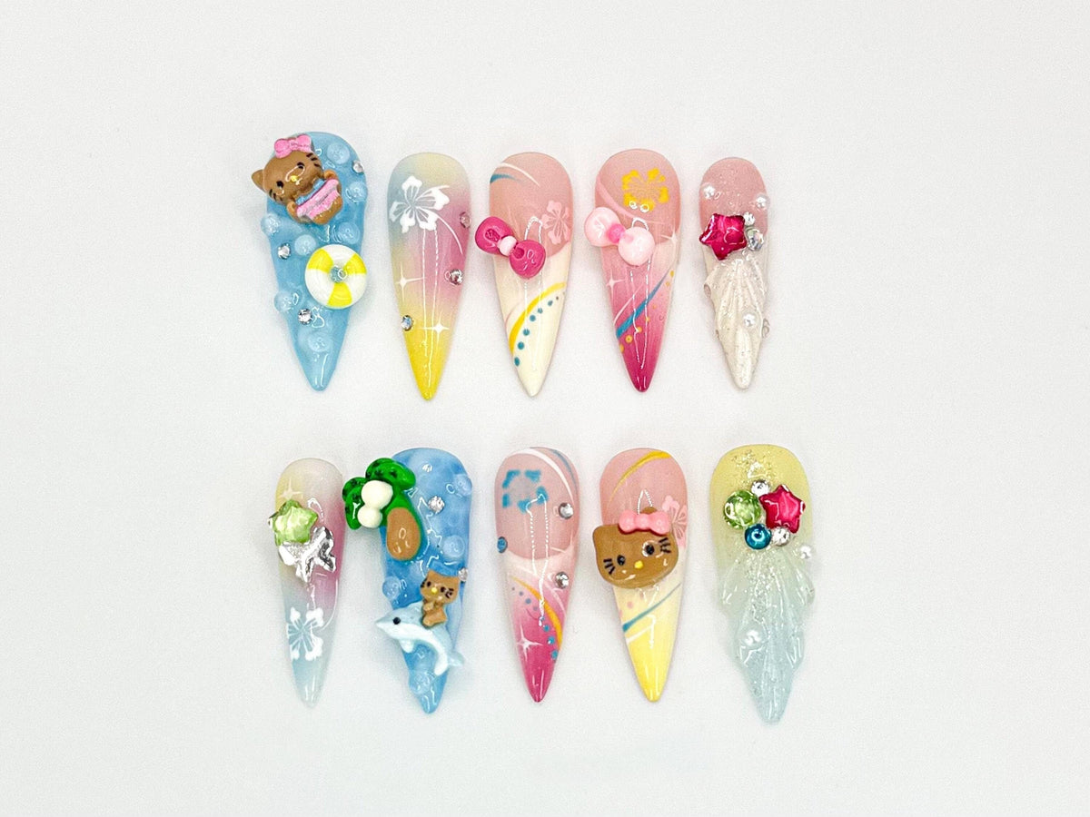 3D Cute Cat press on nails|3D Tropical Nail Art | Cat & Plaid 3D Nail Set | Handmade Nail Set |  Cute 3D Nail Art Design|JB619LC