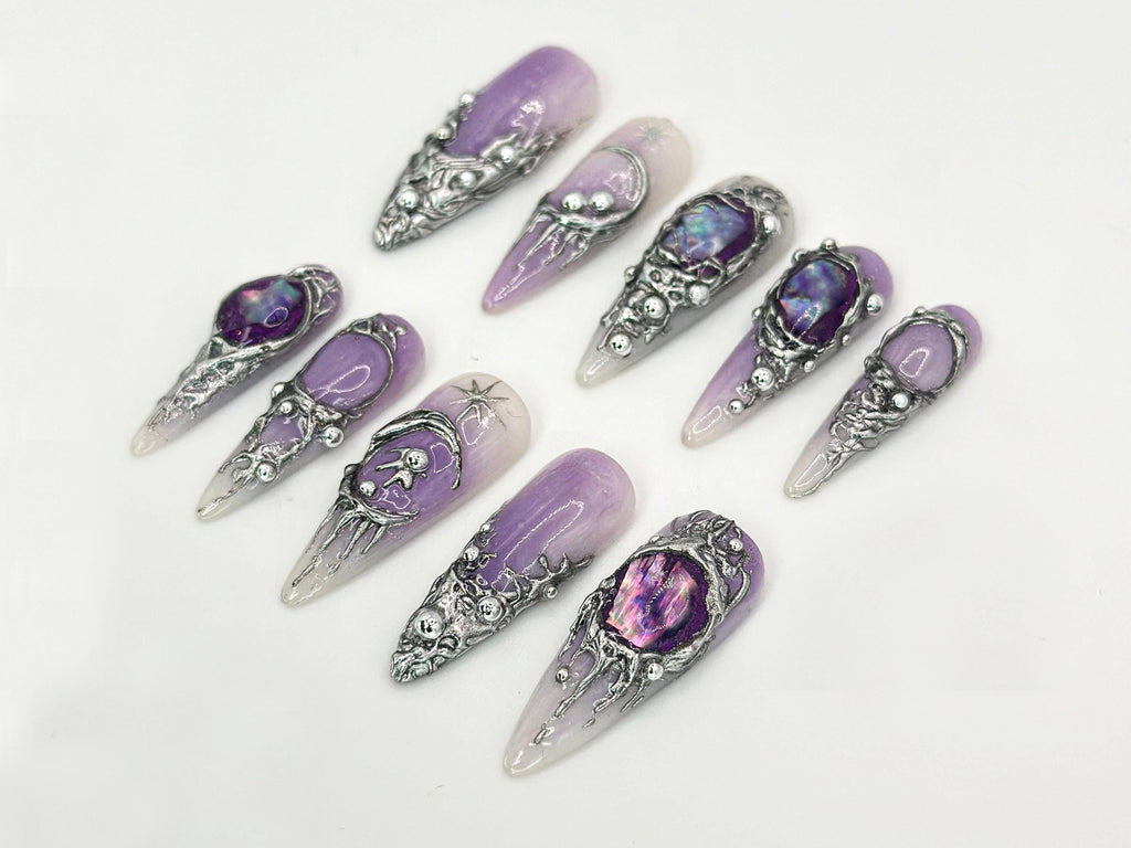 Purple Crystal Gothic Press-On Nails | Stunning Moon and Star 3D Gothic Nails | Purple Gemstone and Silver Gothic Nail Set | JB650HC