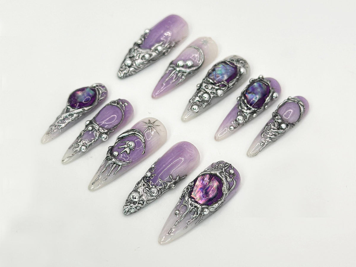 Purple Crystal Gothic Press-On Nails | Stunning Moon and Star 3D Gothic Nails | Purple Gemstone and Silver Gothic Nail Set | JB650HC