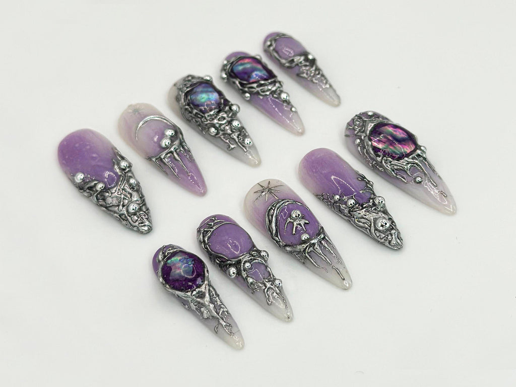 Purple Crystal Gothic Press-On Nails | Stunning Moon and Star 3D Gothic Nails | Purple Gemstone and Silver Gothic Nail Set | JB650HC