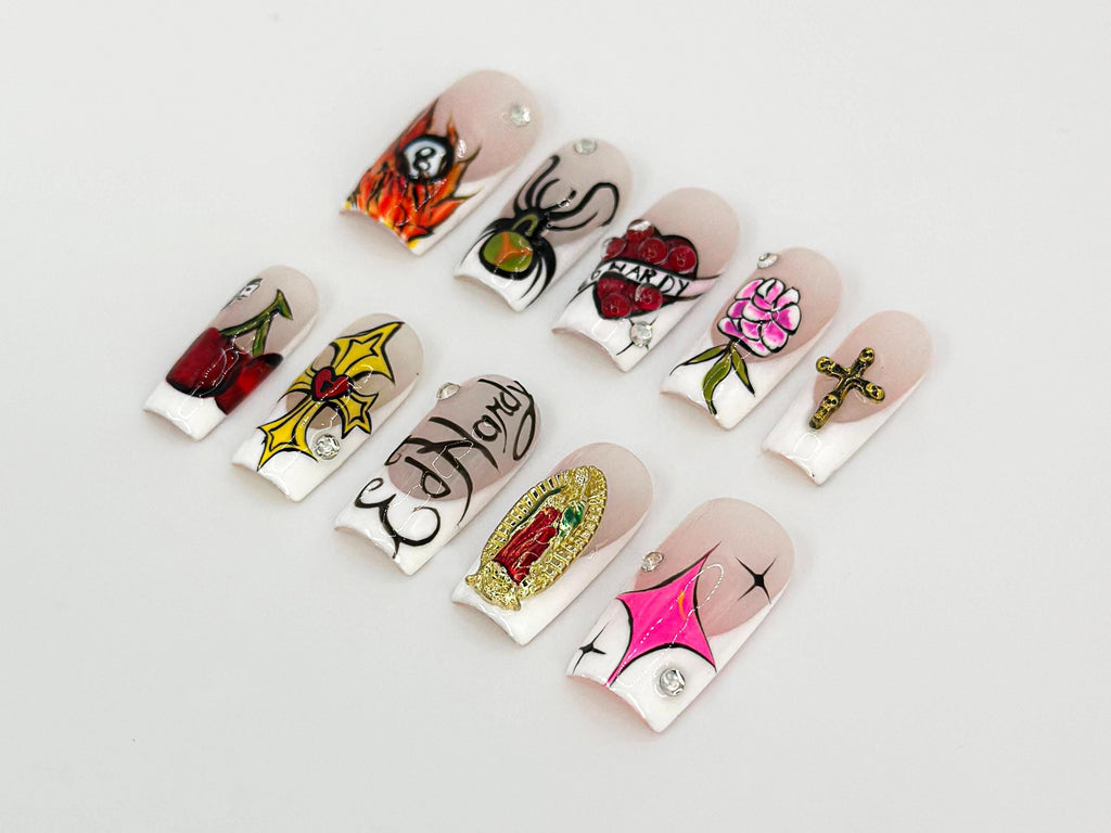 Old School Tattoo Press On Nails | Traditional Tattoo Nail Art | Rock And Roll Nails | Flame & Spider Design |  Gothic Nail Set| JB674HK
