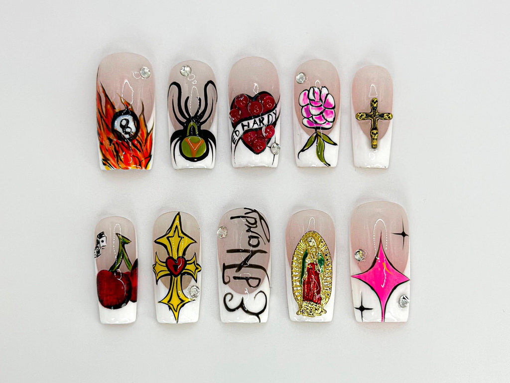 Old School Tattoo Press On Nails | Traditional Tattoo Nail Art | Rock And Roll Nails | Flame & Spider Design |  Gothic Nail Set| JB674HK