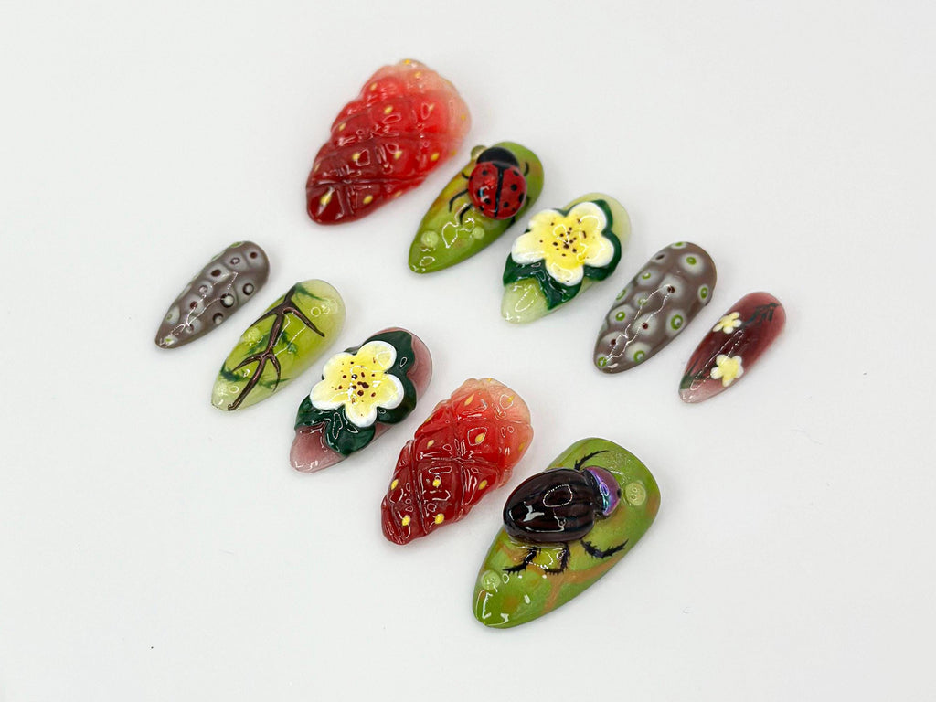 Nature-Themed Press On Nails | 3D Ladybug & Flower Nail Art | Nature Inspired Nails |Summer Garden Nails | Unique Nail Arts | JB676HK