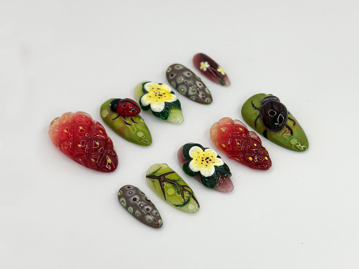 Nature-Themed Press On Nails | 3D Ladybug & Flower Nail Art | Nature Inspired Nails |Summer Garden Nails | Unique Nail Arts | JB676HK