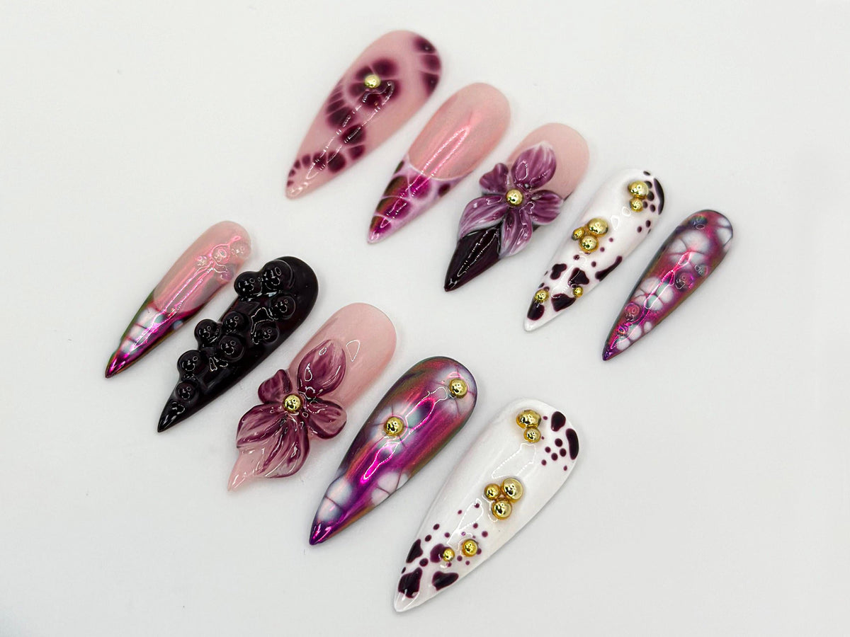 Elegant Purple Floral Press On Nails | Long Stiletto Floral Nail Design | Purple & Gold Nail Art | Gold Floral Press On Nail Set | JB682HK