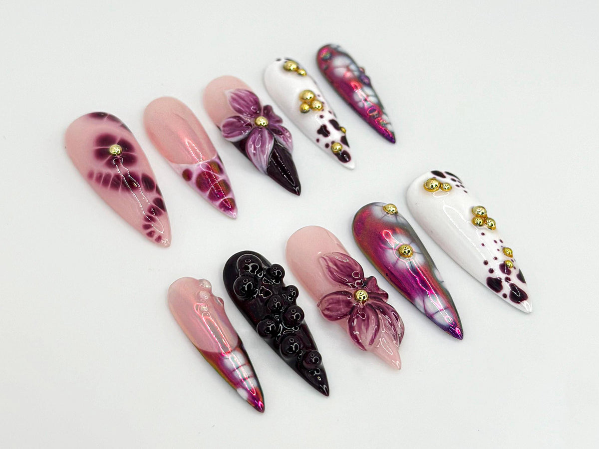 Elegant Purple Floral Press On Nails | Long Stiletto Floral Nail Design | Purple & Gold Nail Art | Gold Floral Press On Nail Set | JB682HK