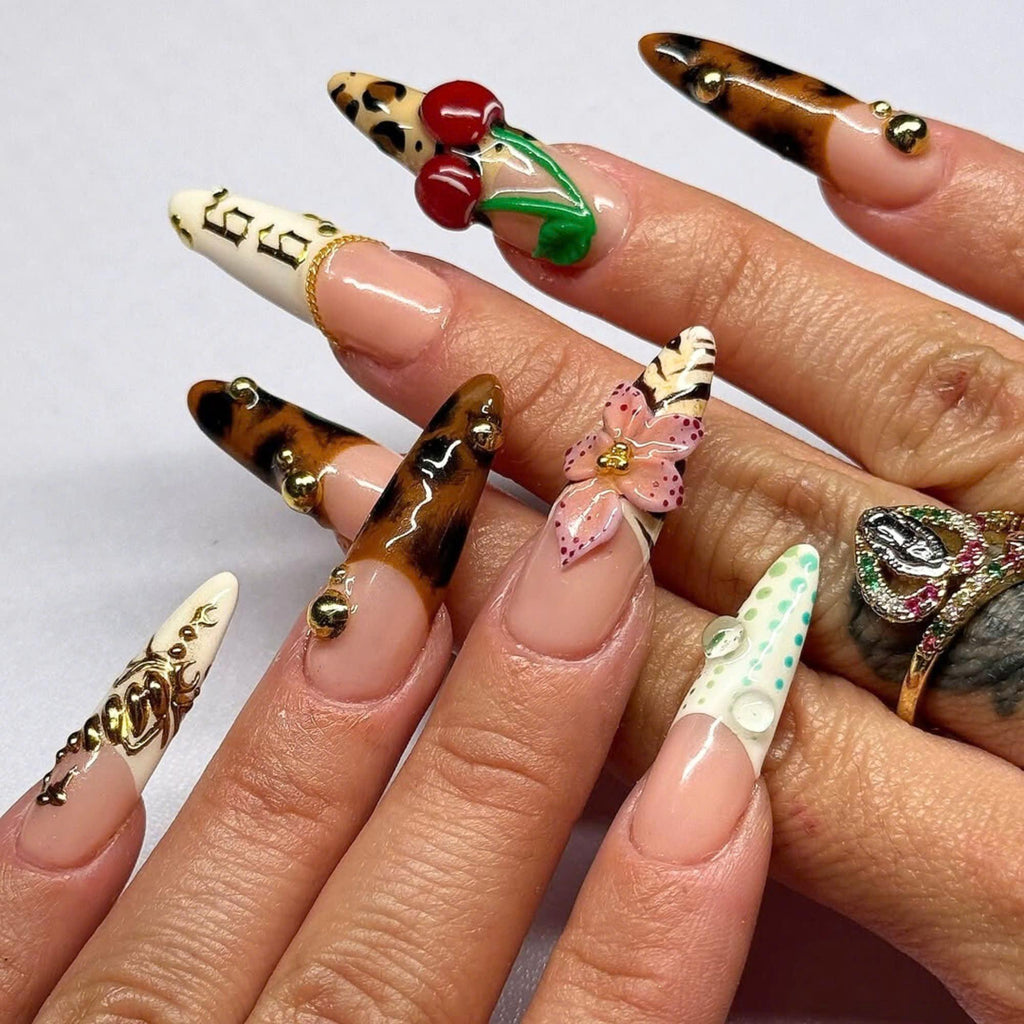 Orchard Flower Press On Nail Almond Nails, Autumn Bloom Fake Nails with French Tips, Cheetah Nails, Floral Nails, Dreamy Nails, Cherry Nails