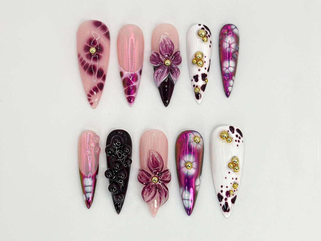 Elegant Purple Floral Press On Nails | Long Stiletto Floral Nail Design | Purple & Gold Nail Art | Gold Floral Press On Nail Set | JB682HK