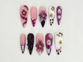 Elegant Purple Floral Press On Nails | Long Stiletto Floral Nail Design | Purple & Gold Nail Art | Gold Floral Press On Nail Set | JB682HK