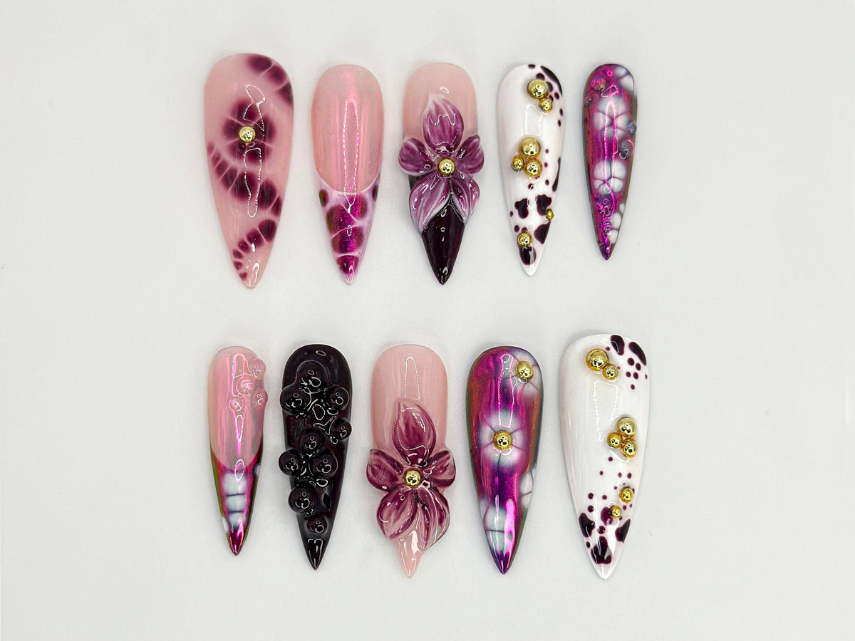 Elegant Purple Floral Press On Nails | Long Stiletto Floral Nail Design | Purple & Gold Nail Art | Gold Floral Press On Nail Set | JB682HK