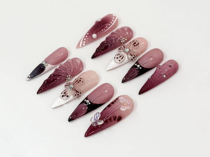 Burgundy Floral 3D Press On Nails | Floral Design with Rhinestones| Floral Accents And Pearl Details | Stylish & Trendy Nail Design |JB660HK