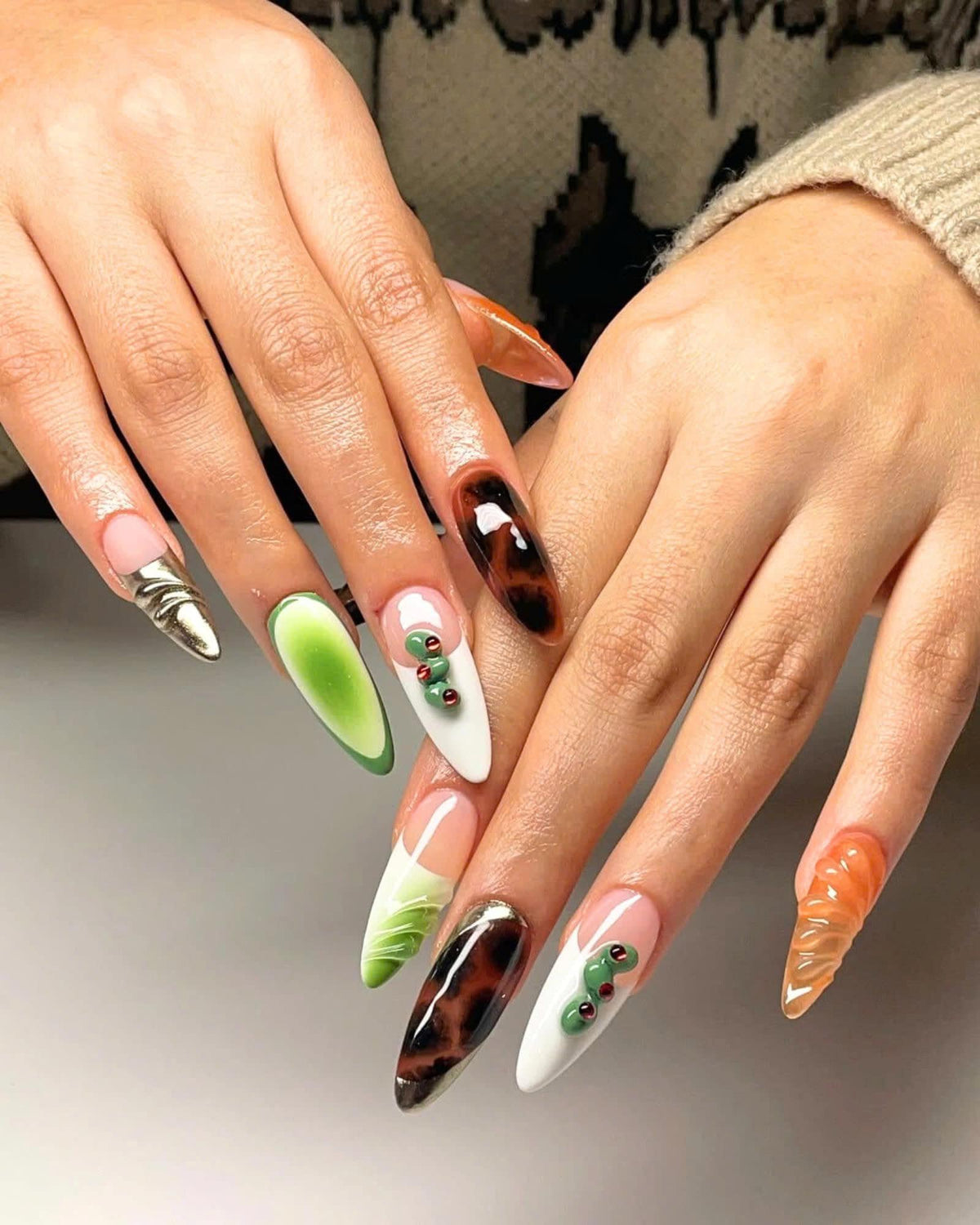 Handcrafted Olives Press On Nails Long Almond Nails, Dreamy Floral Press-Ons, Handmade Acrylic Autumn Fake Nail, Holiday Nails, Brown Nails.