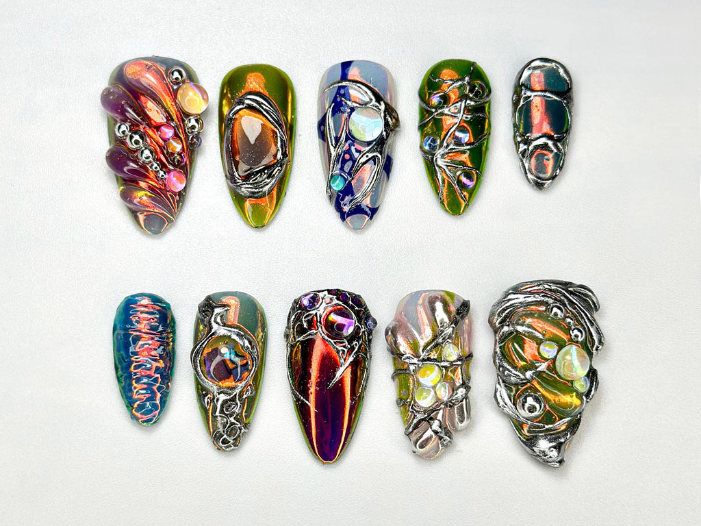 Edgy Metallic 3D Press-On Nails | Holographic Gem Nail Design | Metallic Chrome Nail Set | Chrome Press-On Nail Set | JB688HC