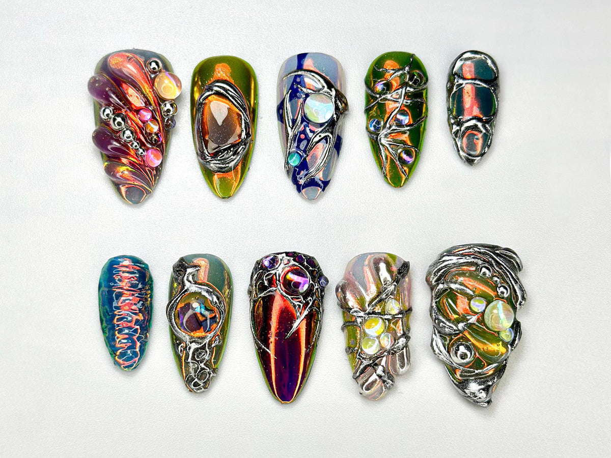 Edgy Metallic 3D Press-On Nails | Holographic Gem Nail Design | Metallic Chrome Nail Set | Chrome Press-On Nail Set | JB688HC