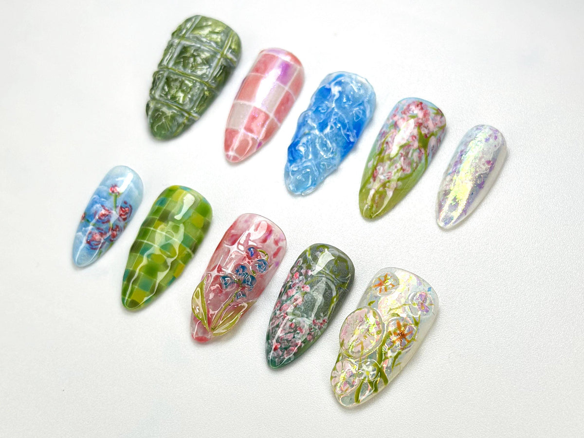 Spring Garden Floral Press-On Nails | Nature-Themed Press-On Nail Set | Green & Floral Nail Set | Elegant Artistic Nail Art | JB690HC