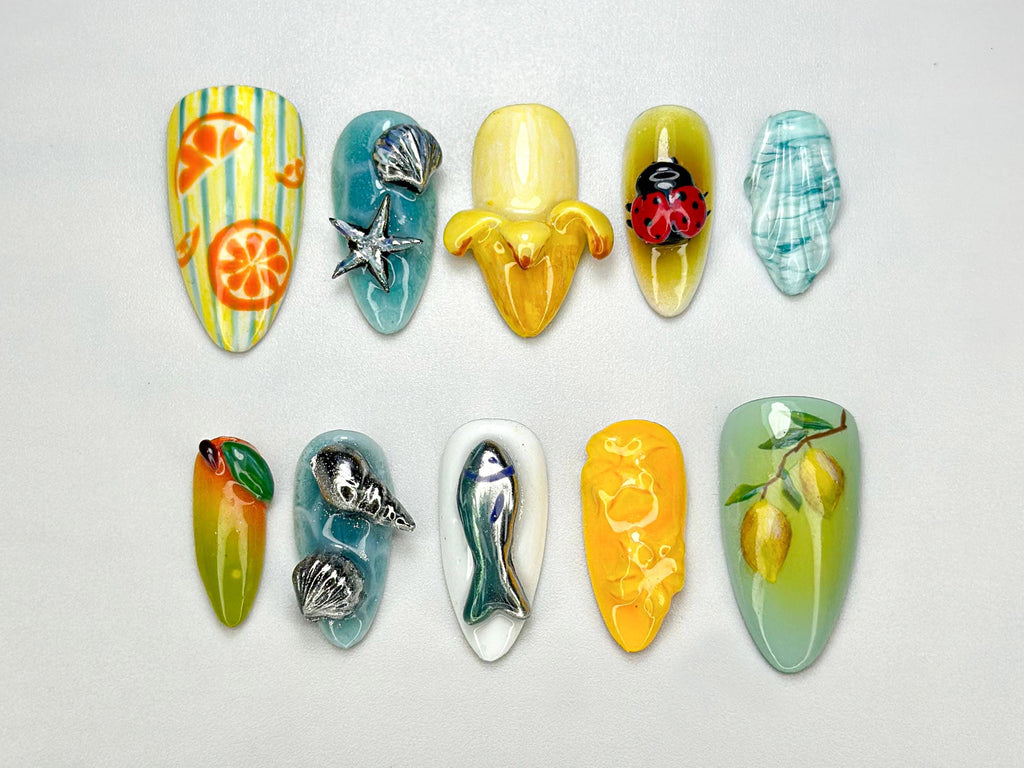 Summer Vibes Press-On Nails | Tropical Summer Nail Art | Marine-Inspired Nail Set | Handmade Lemon & Orange Nail Set | JB695HK