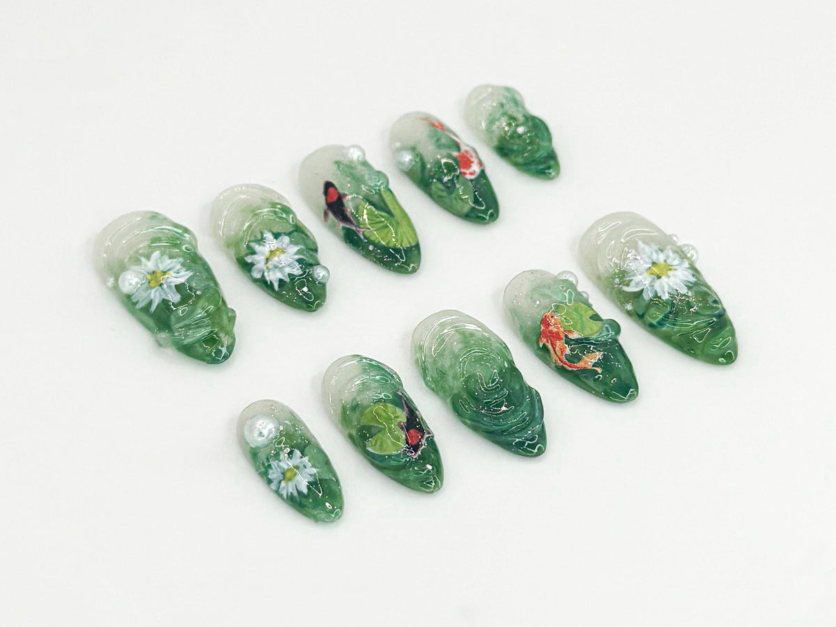 Nature Koi Fish Press On Nails | Realistic Pond & Fish Nail Design | Natural Landscape Nail Art | Custom Hand-Painted Green Nails | JB669HC