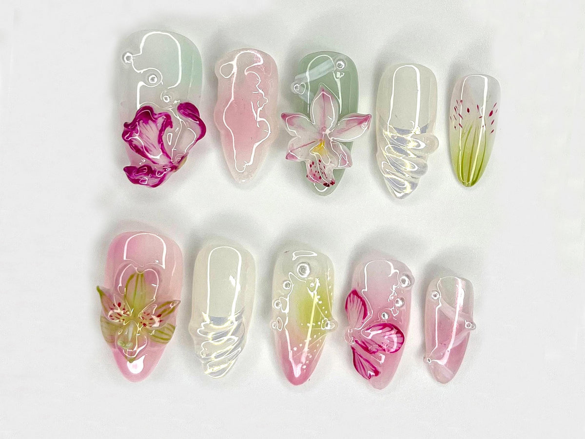 Orchid Dreams Floral Fake Nails | Delicate Hand-Painted Flowers | Handmade Nail Art with Soft Blossoms | Soft Pastel Tones | JC519H