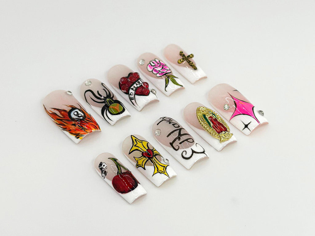 Old School Tattoo Press On Nails | Traditional Tattoo Nail Art | Rock And Roll Nails | Flame & Spider Design |  Gothic Nail Set| JB674HK