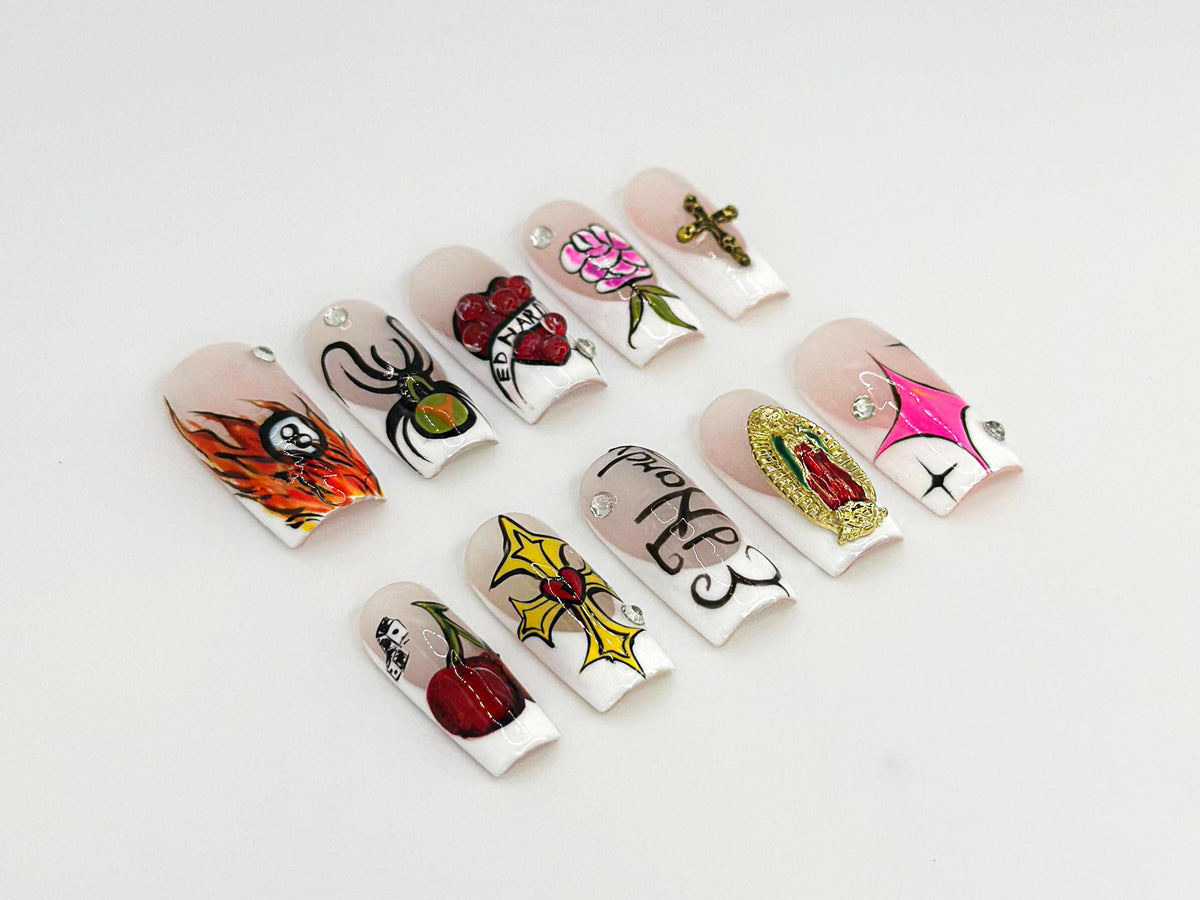 Old School Tattoo Press On Nails | Traditional Tattoo Nail Art | Rock And Roll Nails | Flame & Spider Design |  Gothic Nail Set| JB674HK