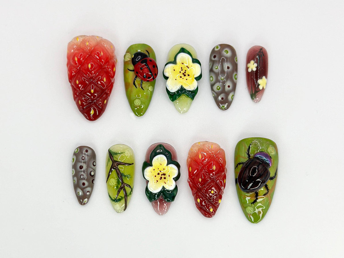 Nature-Themed Press On Nails | 3D Ladybug & Flower Nail Art | Nature Inspired Nails |Summer Garden Nails | Unique Nail Arts | JB676HK