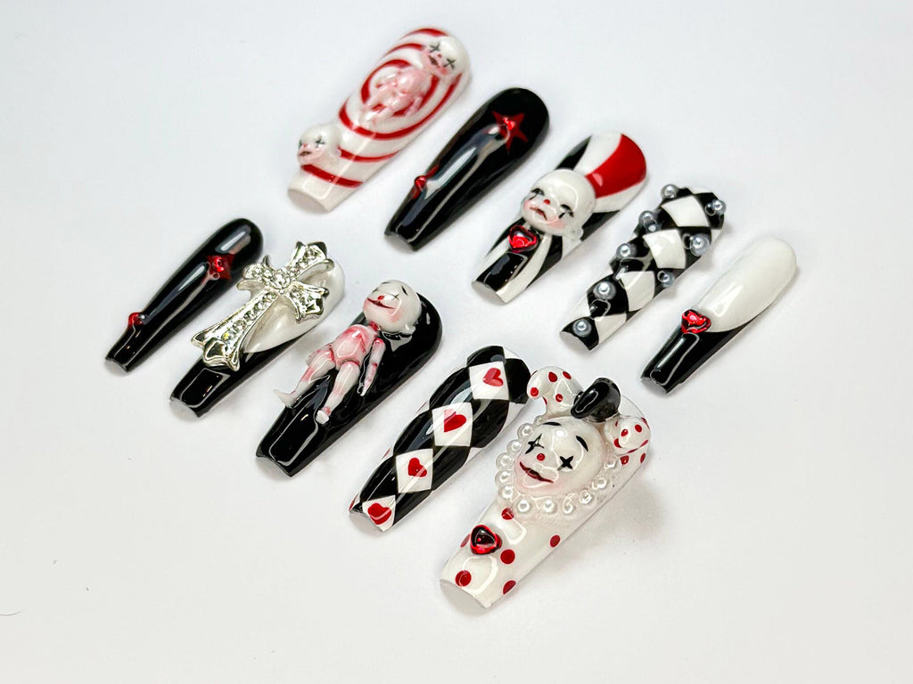 Spooky Carnival Press On Nails | Handmade Black And Red Clown Nail Art | 3D Creepy Clown Design | Gothic Cross & Doll Press Ons | JB700HK