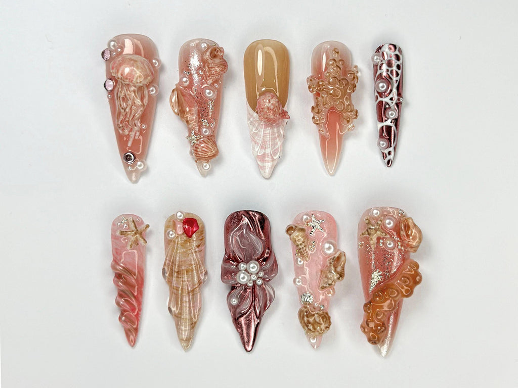 Luxury 3D Seashell Press On Nails | Unique Mermaid Nail Art | Handmade Beach Aesthetic Nails | 3D Coral & Water-Inspired Nails | JB703HK
