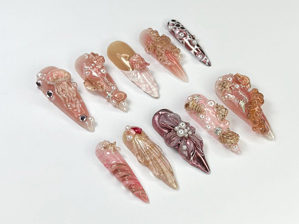 Luxury 3D Seashell Press On Nails | Unique Mermaid Nail Art | Handmade Beach Aesthetic Nails | 3D Coral & Water-Inspired Nails | JB703HK