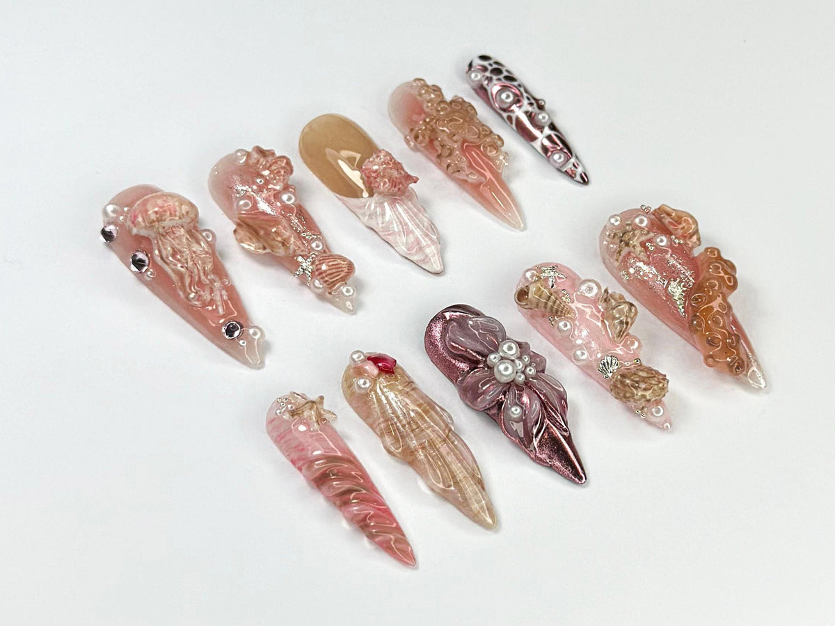 Luxury 3D Seashell Press On Nails | Unique Mermaid Nail Art | Handmade Beach Aesthetic Nails | 3D Coral & Water-Inspired Nails | JB703HK