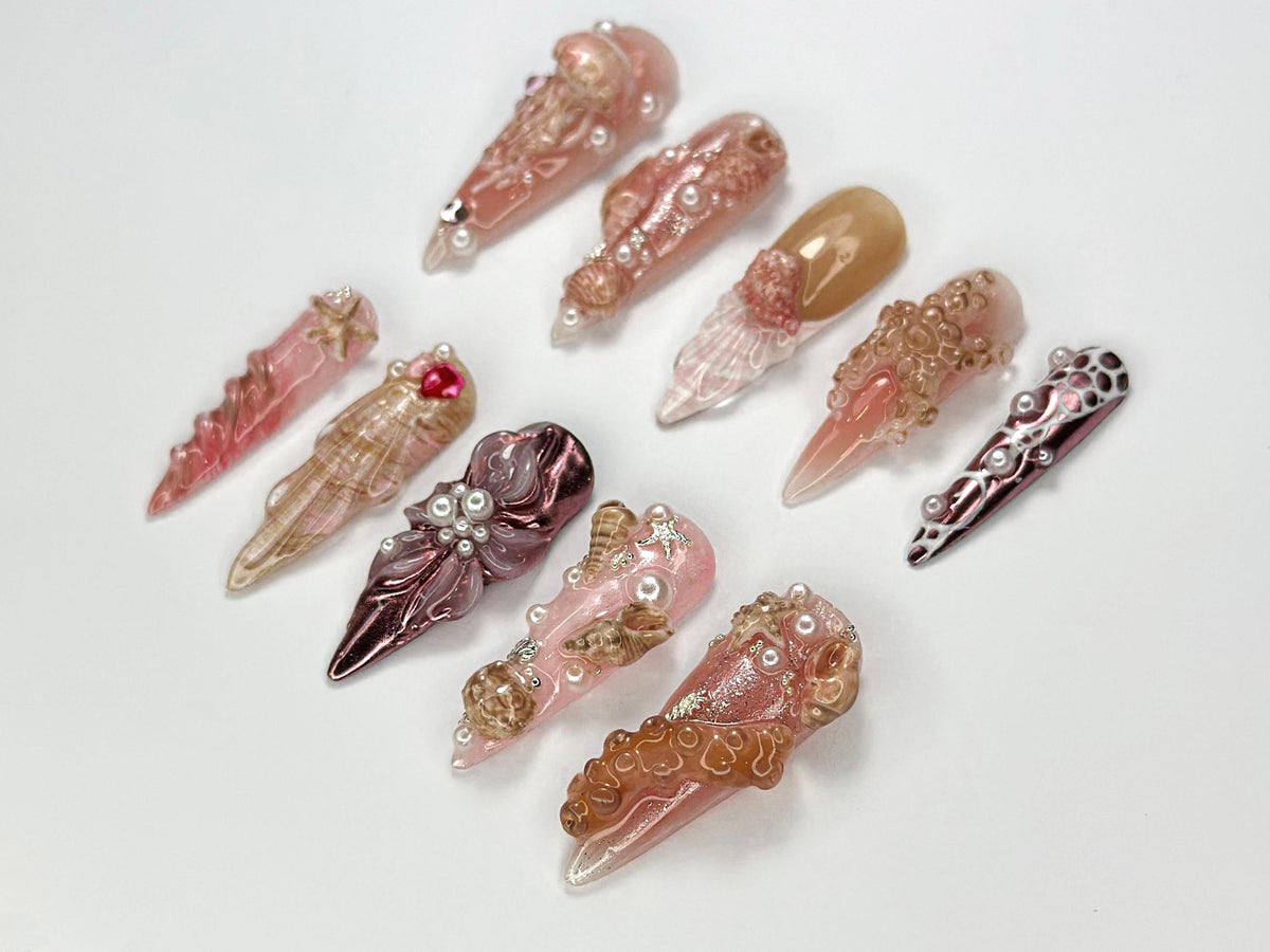 Luxury 3D Seashell Press On Nails | Unique Mermaid Nail Art | Handmade Beach Aesthetic Nails | 3D Coral & Water-Inspired Nails | JB703HK