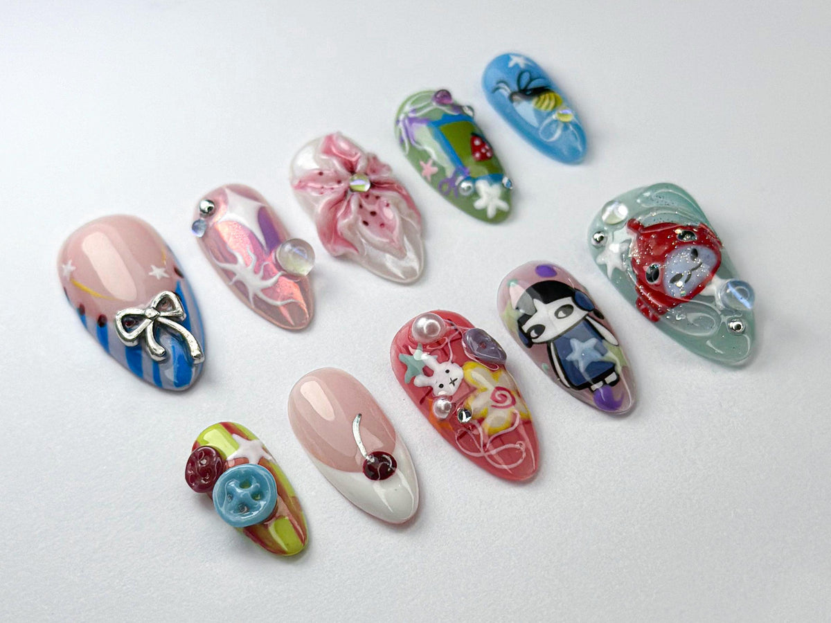 Kawaii Cartoon Press-On Nails | 3D Cute Fantasy Nail Art | Cartoon, Fantasy Style | Fun & Playful Nail Set | Whimsical Kawaii Nail | JB712HC