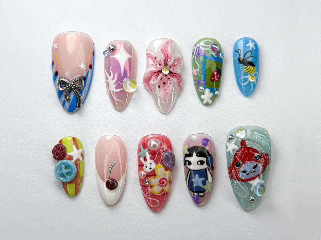 Kawaii Cartoon Press-On Nails | 3D Cute Fantasy Nail Art | Cartoon, Fantasy Style | Fun & Playful Nail Set | Whimsical Kawaii Nail | JB712HC