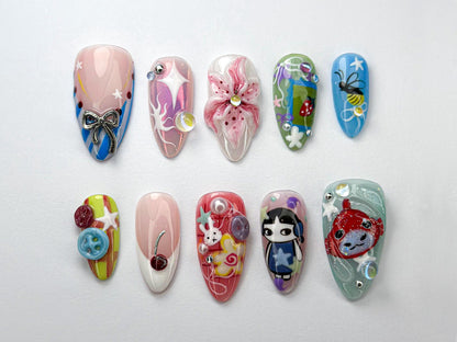 Kawaii Cartoon Press-On Nails | 3D Cute Fantasy Nail Art | Cartoon, Fantasy Style | Fun & Playful Nail Set | Whimsical Kawaii Nail | JB712HC