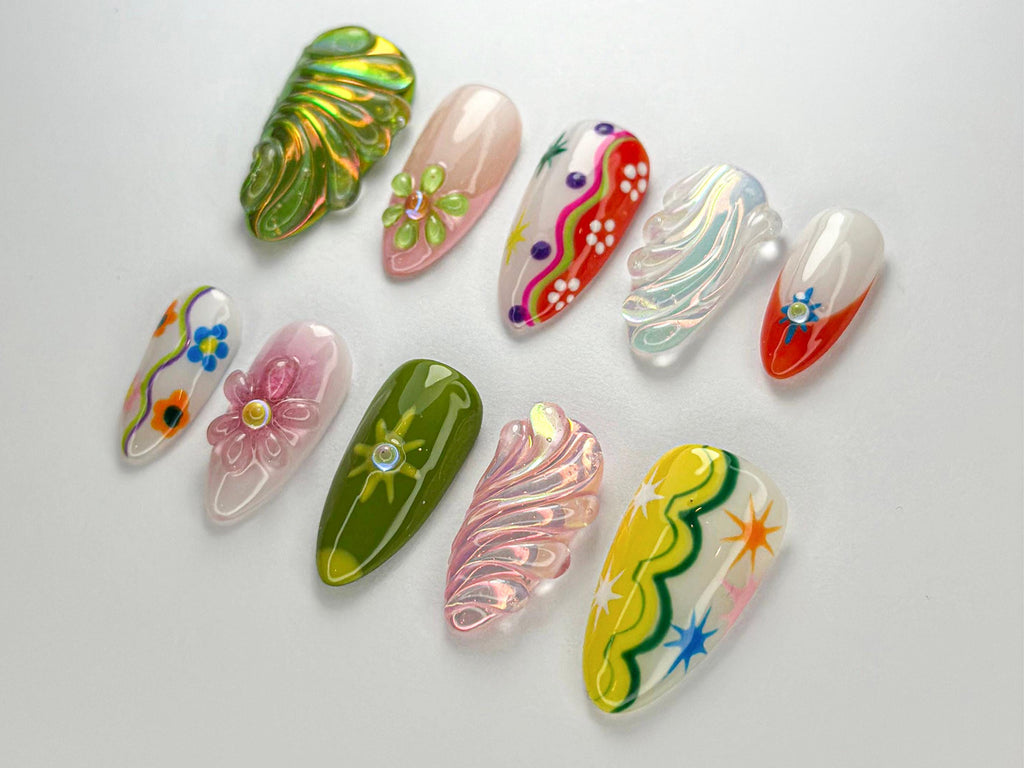 Summer Colorful Abstract Press On Nails By SevenNailArt | Handmade Colorful Press-On Nail Art | 3D Floral & Holographic | JC716HC