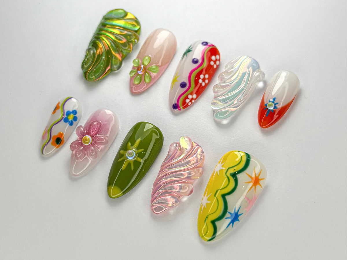 Summer Colorful Abstract Press On Nails By SevenNailArt | Handmade Colorful Press-On Nail Art | 3D Floral & Holographic | JC716HC