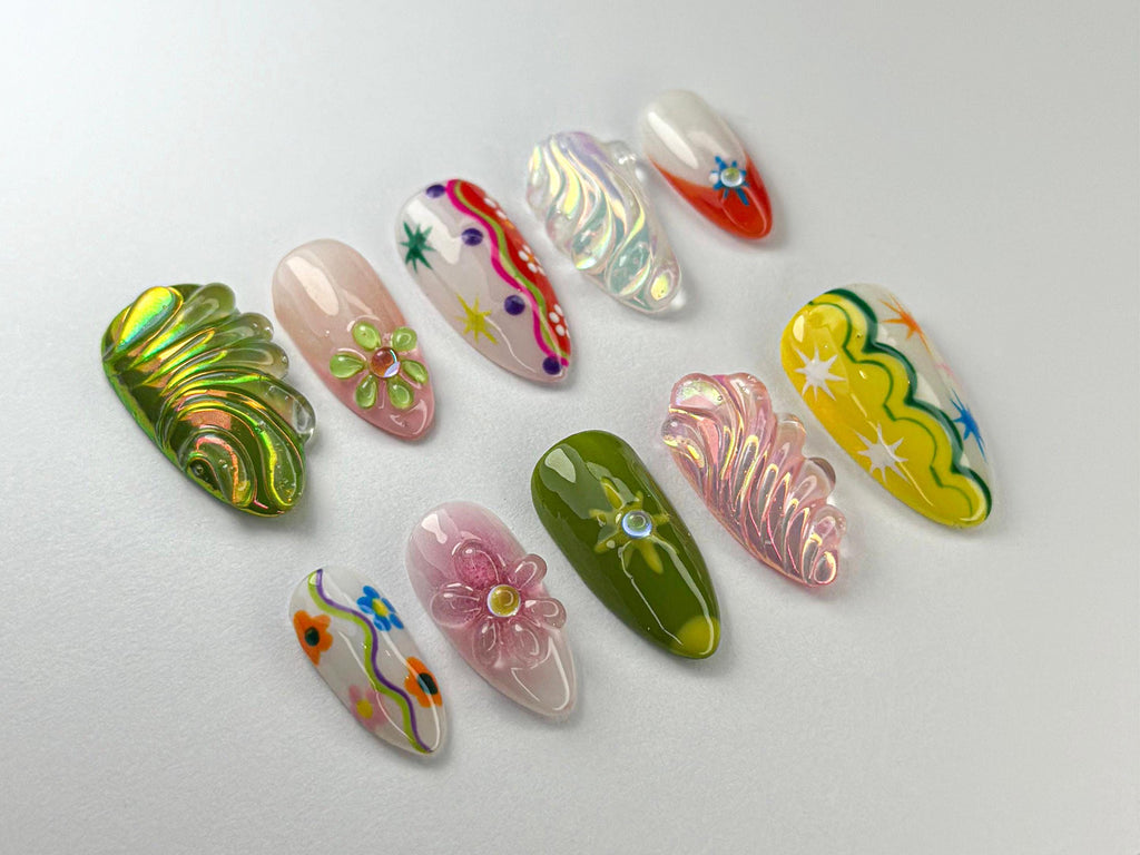 Summer Colorful Abstract Press On Nails By SevenNailArt | Handmade Colorful Press-On Nail Art | 3D Floral & Holographic | JC716HC