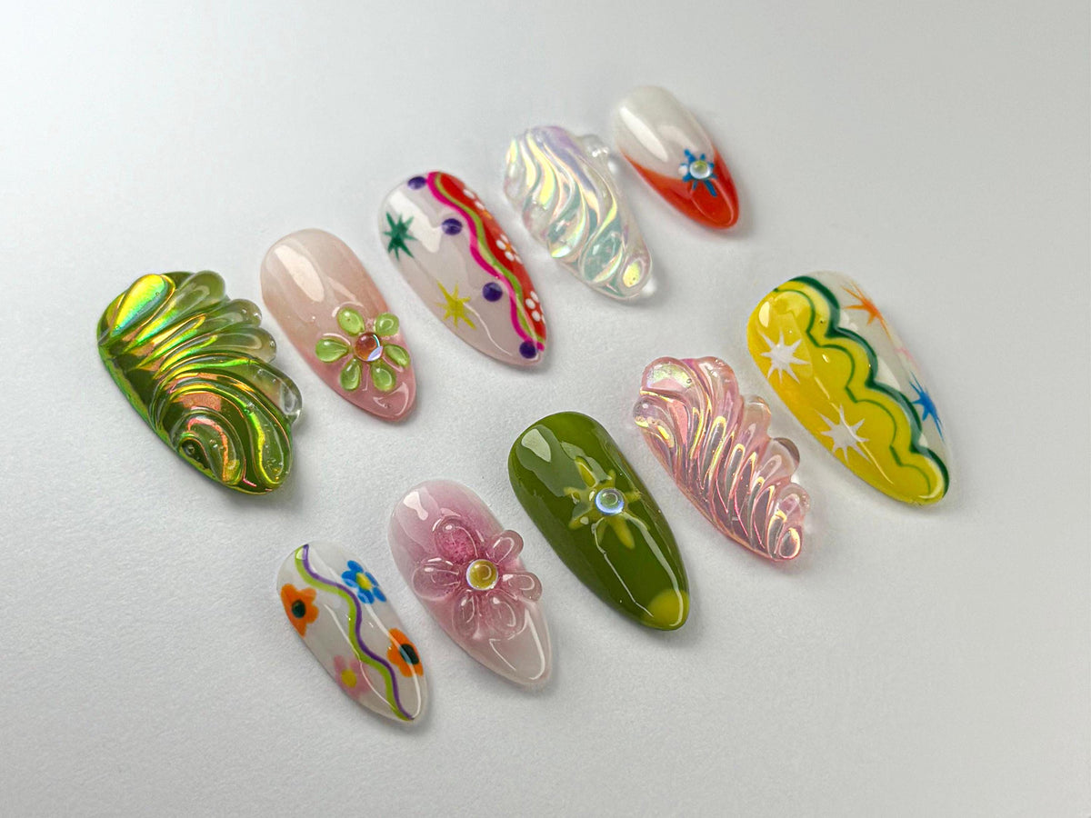 Summer Colorful Abstract Press On Nails By SevenNailArt | Handmade Colorful Press-On Nail Art | 3D Floral & Holographic | JC716HC