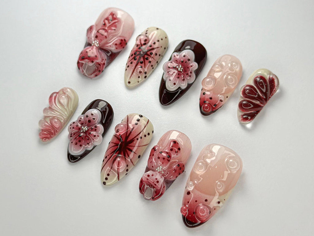 Elegant Red Floral Press On Nails By SevenNailArt | Burgundy & Blush Floral Art | Glossy Handmade Nails | Custom Wedding Nail Art | JC717HC