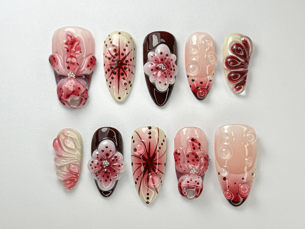 Elegant Red Floral Press On Nails By SevenNailArt | Burgundy & Blush Floral Art | Glossy Handmade Nails | Custom Wedding Nail Art | JC717HC