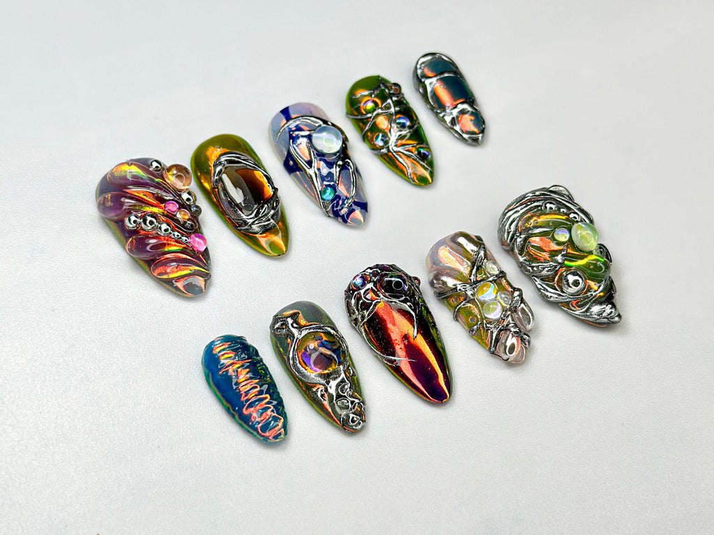 Edgy Metallic 3D Press-On Nails | Holographic Gem Nail Design | Metallic Chrome Nail Set | Chrome Press-On Nail Set | JB688HC