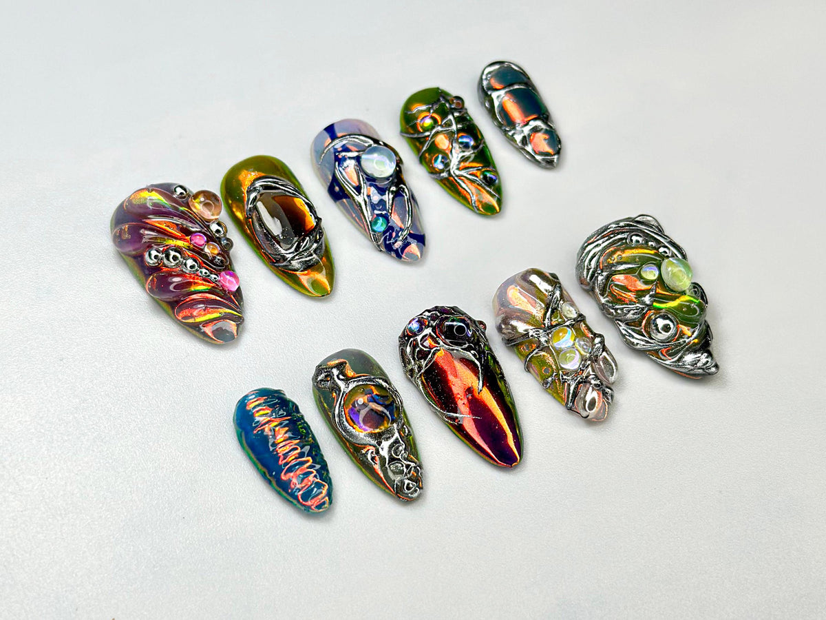 Edgy Metallic 3D Press-On Nails | Holographic Gem Nail Design | Metallic Chrome Nail Set | Chrome Press-On Nail Set | JB688HC