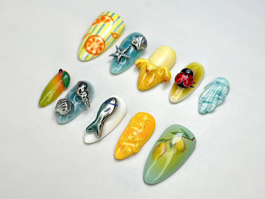 Summer Vibes Press-On Nails | Tropical Summer Nail Art | Marine-Inspired Nail Set | Handmade Lemon & Orange Nail Set | JB695HK