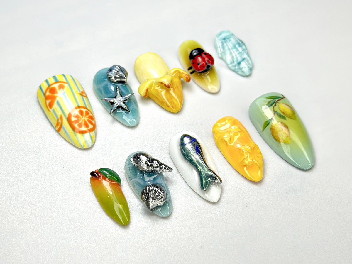 Summer Vibes Press-On Nails | Tropical Summer Nail Art | Marine-Inspired Nail Set | Handmade Lemon & Orange Nail Set | JB695HK